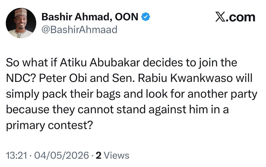 Former presidential aide, Bashir Ahmad, poses a question to Peter Obi and Kwankwaso following their defection from ADC to NDC